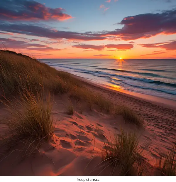 Landscape of beach with sand dunes at sunset