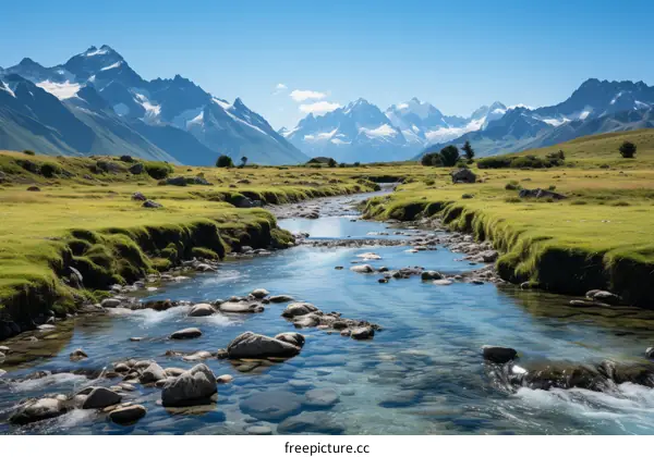 The river runs through the middle of the valley, with snow-capped mountains in the distance