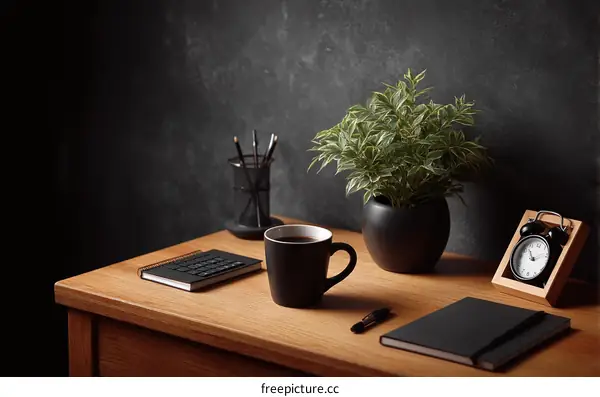 Dark Workspace Desk Setup with Coffee and Plants