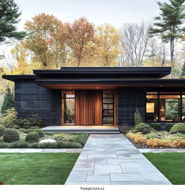 Modern House Exterior with Wooden Door and Stone Facade