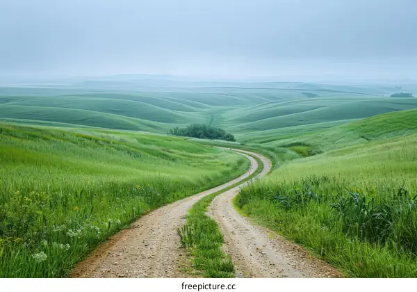 Scenic view of a rural road through a lush green hilly landscape