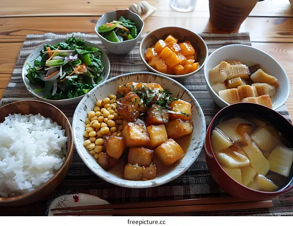 A delicious Japanese meal with rice, soup, and side dishes