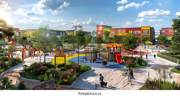 Colorful playground with people and flowers