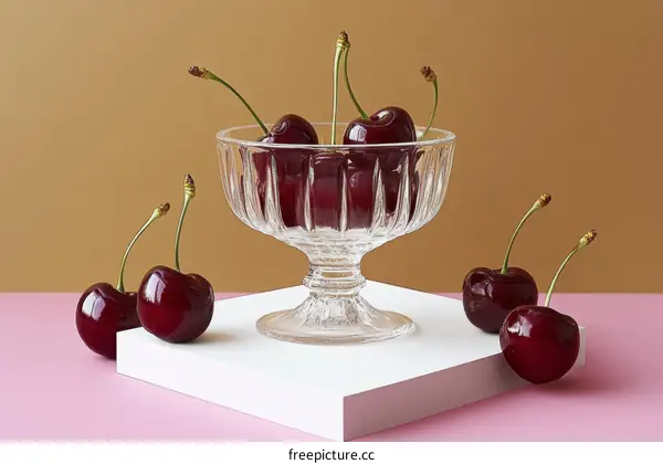 Fresh Cherries in a Glass Bowl on a White Surface