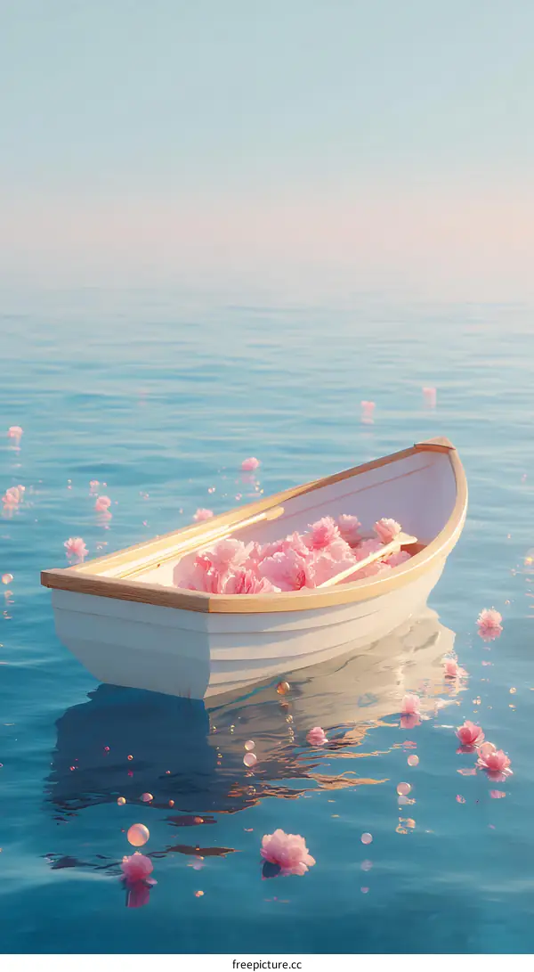 Pastel Pink Boat with Flowers on a Calm Sea