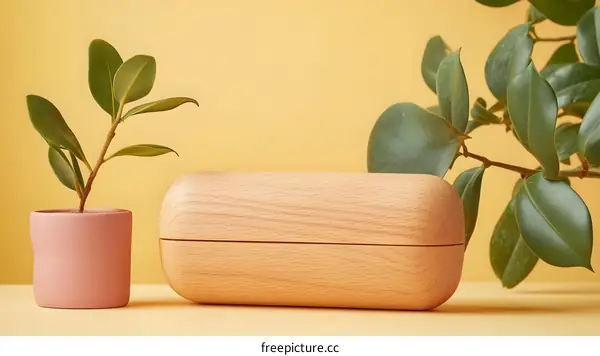 Wooden Box with Green Leaves on Yellow Background
