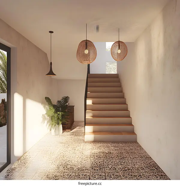 Modern Minimalist Staircase Interior Design With Wicker Pendant Lights