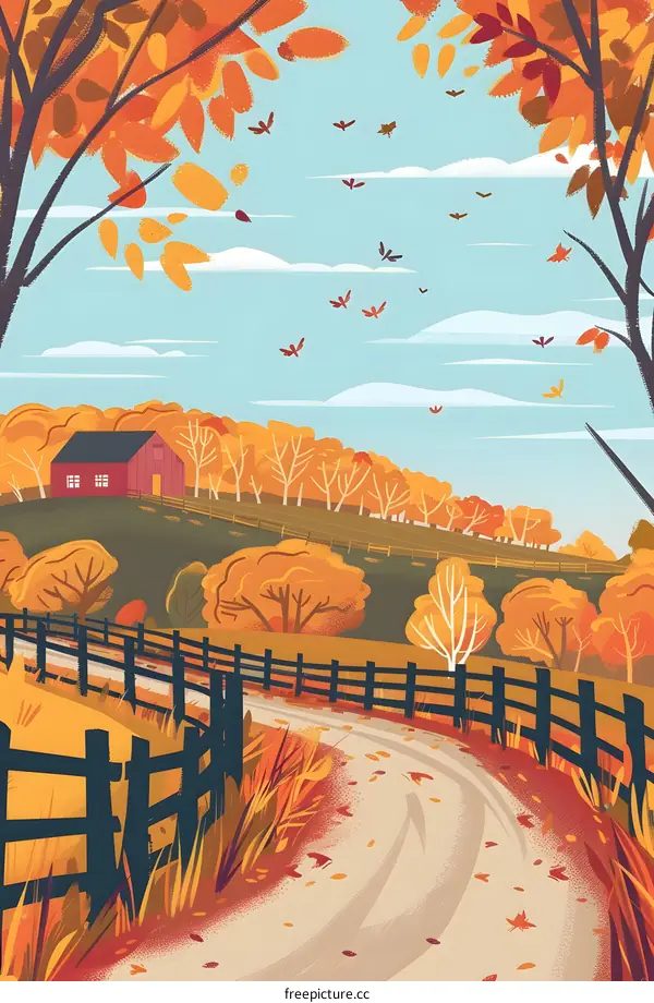 Autumn Landscape with Red Barn and Winding Road
