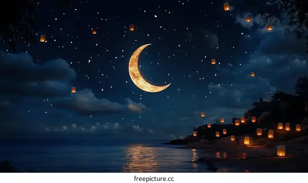 Night Sky Moonlit Seascape with Sky Lanterns