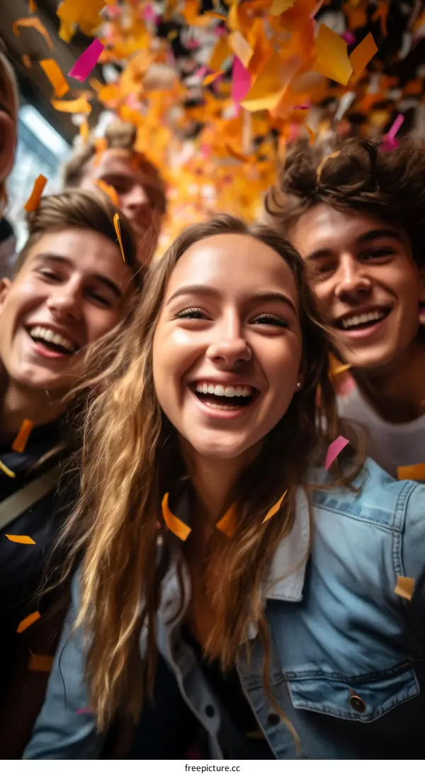 A group of happy young people celebrating with confetti