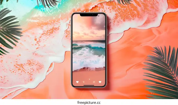 Beach Sunset View on Phone Screen with Palm Leaves