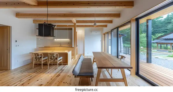 Modern Wooden House Interior With Kitchen And Dining Area