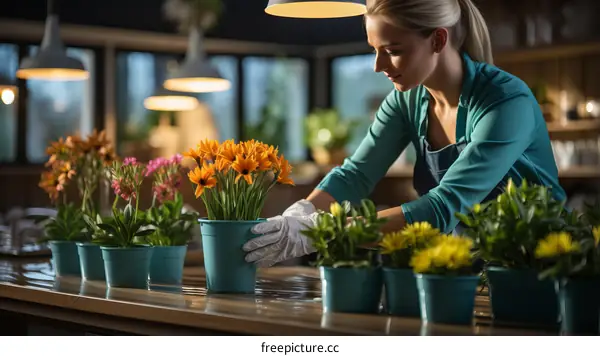Young woman arranging flowers in pots