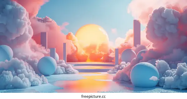 Surreal landscape with a large sun and clouds