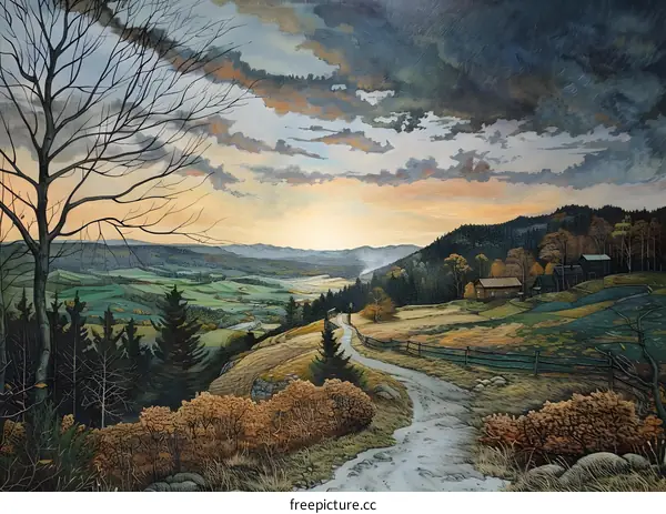 Autumn Sunset Landscape with Winding Road and Farmhouse