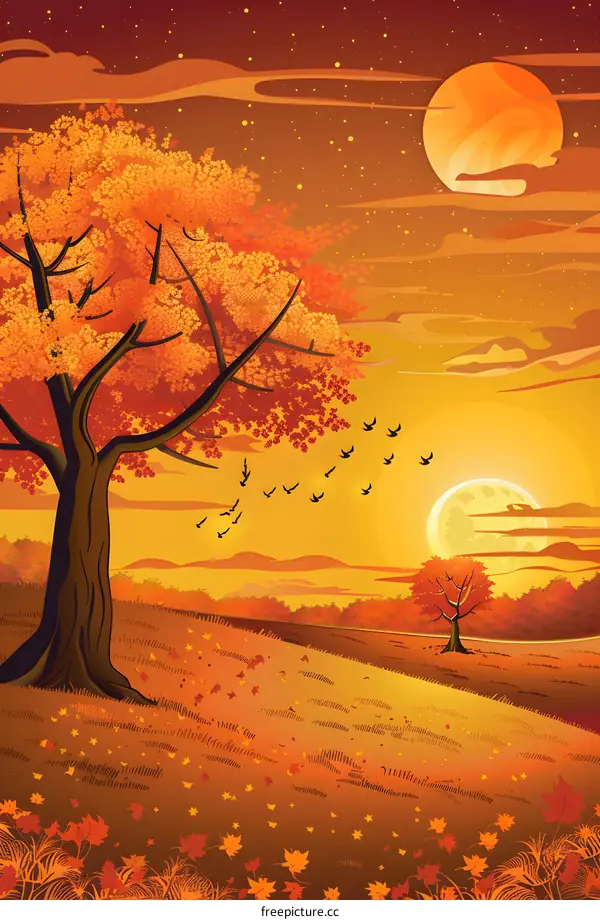Autumn Landscape With Trees and Flying Birds