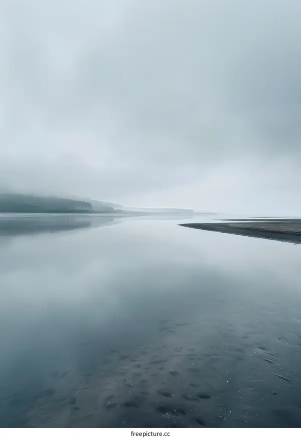 Foggy lake with a hint of trees and shoreline