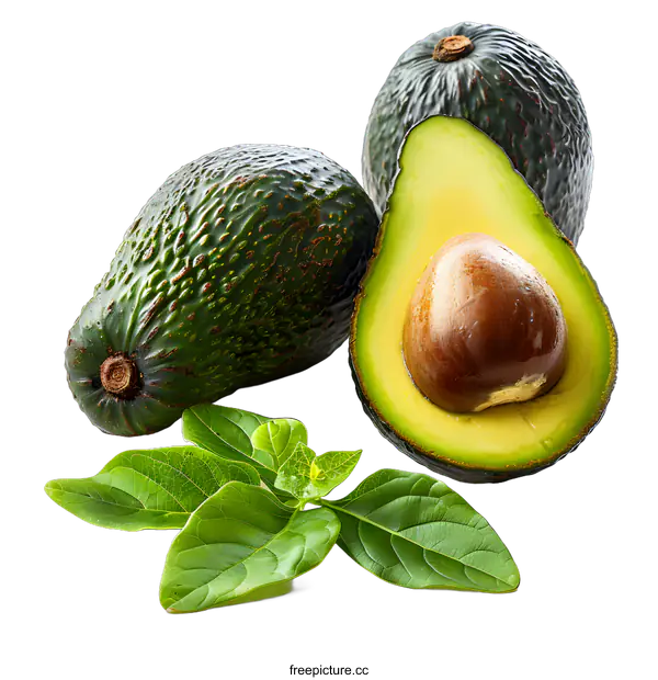 [Transparent Background PNG]Three green avocados with leaves