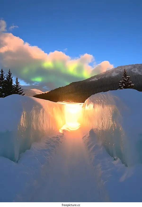 Frozen Pathway Towards Sunset and the Northern Lights