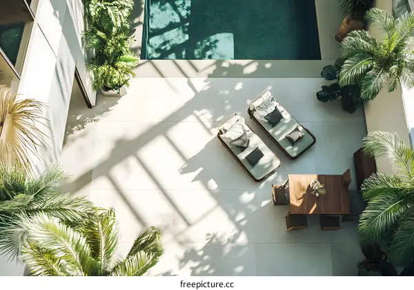 Aerial View of a Modern Tropical Patio with a Pool