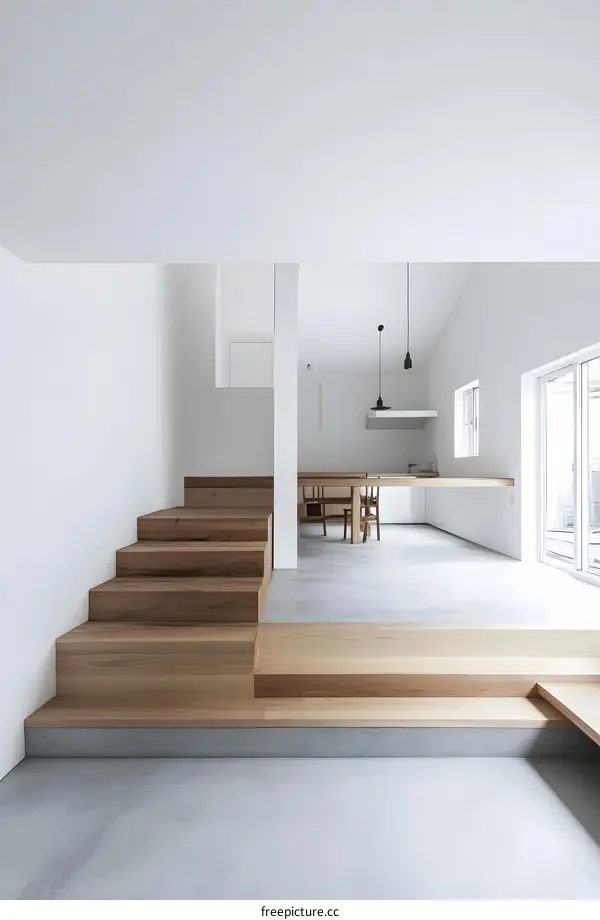 Modern Minimalist Interior Design with Wooden Stairs and Concrete Floor