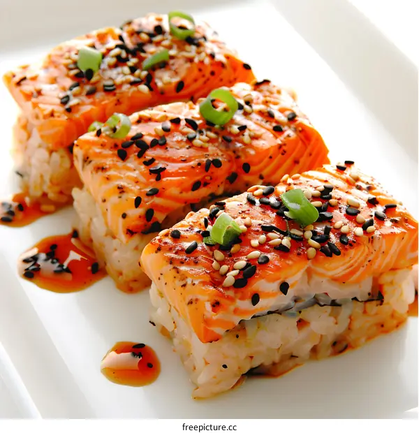 Three pieces of sushi with sesame seeds and green onions on a white plate
