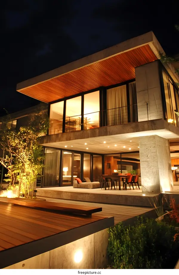 Modern Concrete House with Wooden Deck and Patio at Night