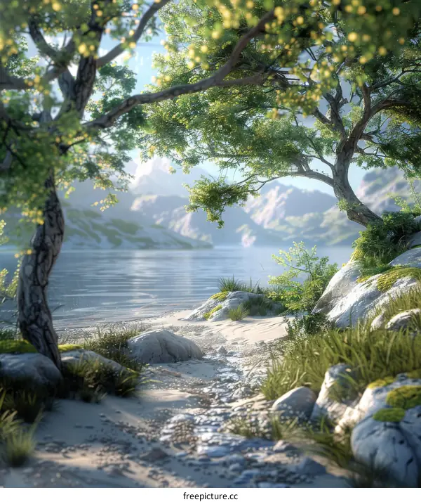 Fantasy Woodland Landscape with Tranquil Lake and Majestic Mountains