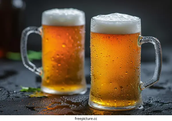 Two glasses of draft beer with foam on a dark table