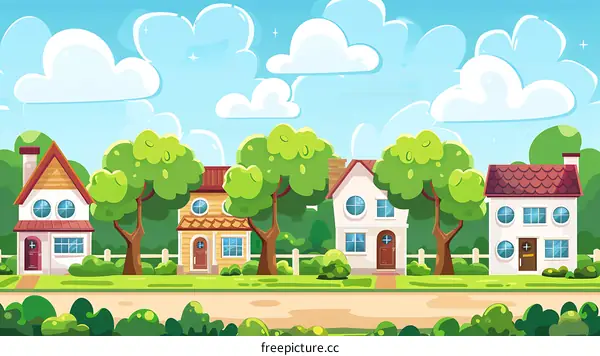 Cartoon Illustration of a Suburban Neighborhood