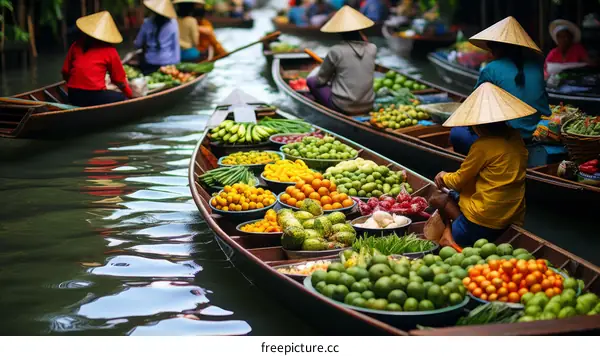 Floating market in Thailand with boats full of fresh fruits and vegetables