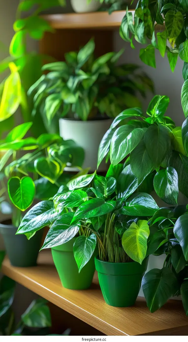 Potted Plants on Wooden Shelf
