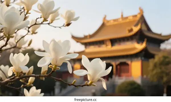 Beautiful white magnolia flowers blooming in front of traditional Chinese temple
