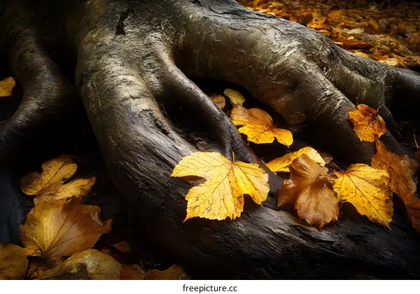 Closeup of Tree Roots with Autumn Leaves