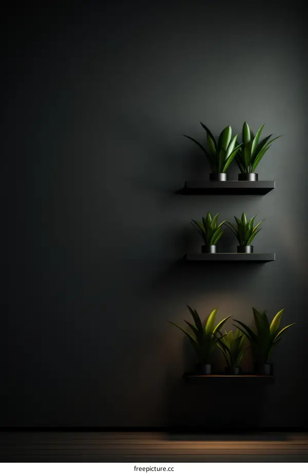 Three paintings of green plants on black wall