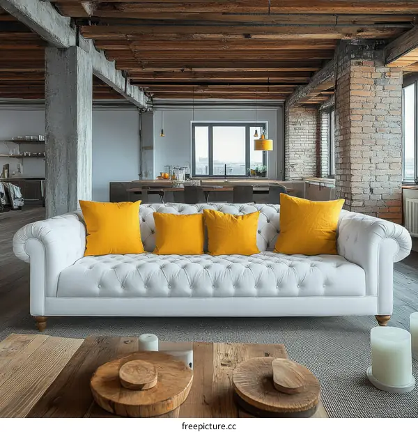 Modern Loft Living Room with White Sofa and Yellow Pillows