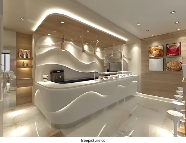 Modern Cafe Interior Design with Curved Counter and Wave Patterned Wall