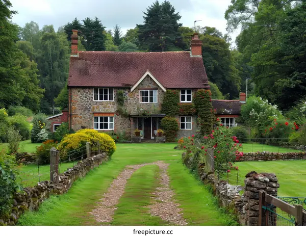 Stone Cottage with Red Roof and Garden in the English Countryside