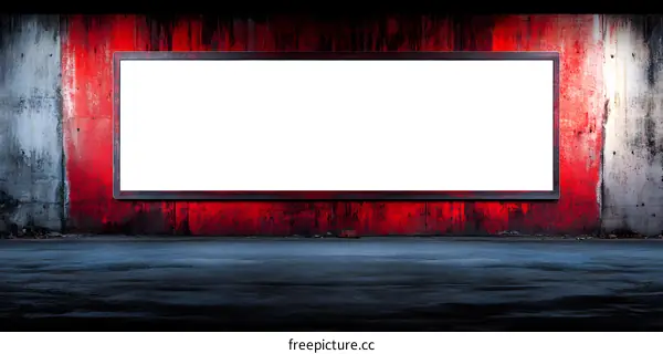 Blank Billboard On A Red Wall With Concrete Floor