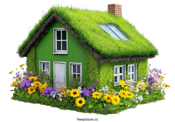 [Transparent Background PNG]Eco-Friendly House with Grass Roof and Flowers
