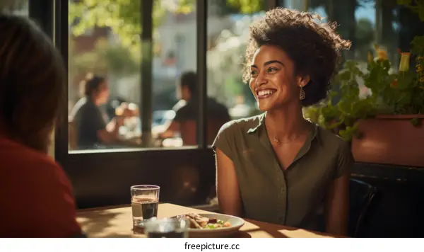 A young woman is sitting in a restaurant smiling at someone