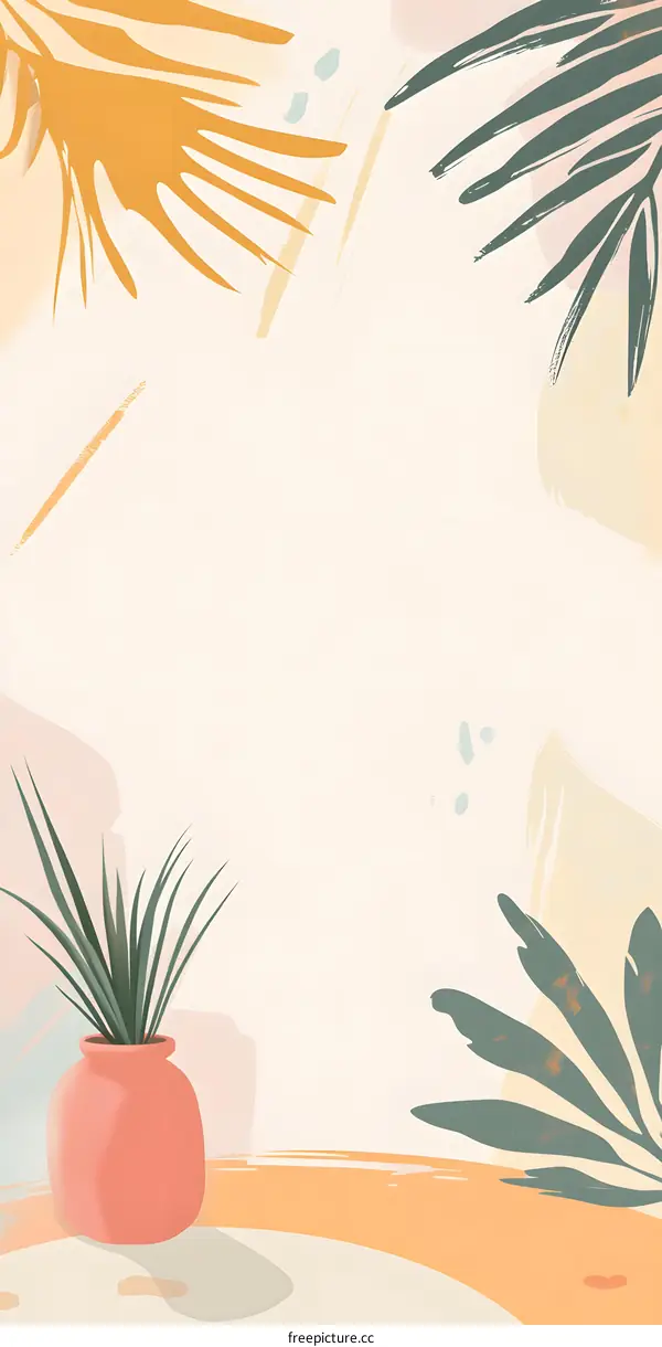 Abstract Minimalist Art with Palm Leaves and Potted Plant