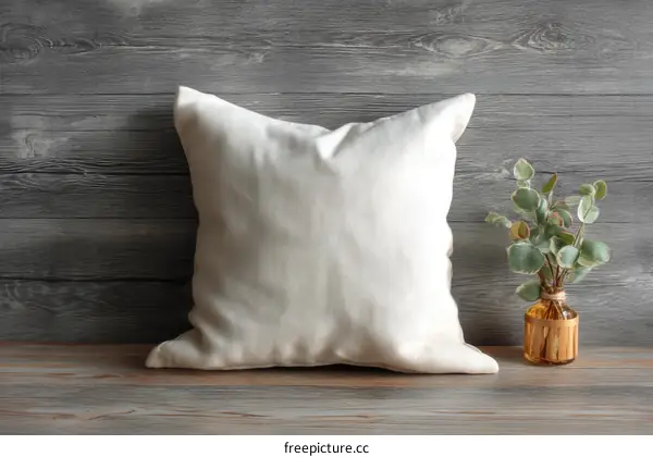 Simple Beige Pillow on Wooden Background