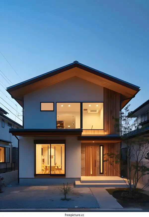 Modern Minimalist House with Wooden Accents at Dusk