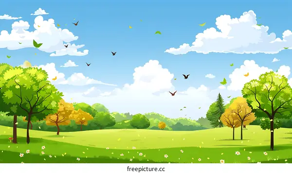 Beautiful Spring Landscape Illustration with Green Trees and Blue Sky