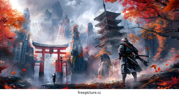 A samurai stands in a beautiful autumn forest with a pagoda in the background
