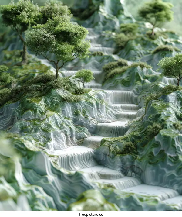 Surreal Landscape with Green Trees and White Stone Terraces