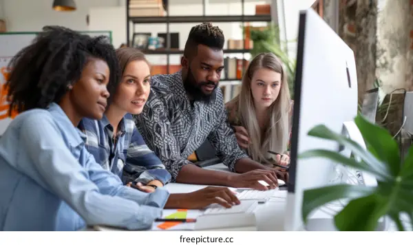 Multiethnic group of business people discussing ideas while looking at computer screen