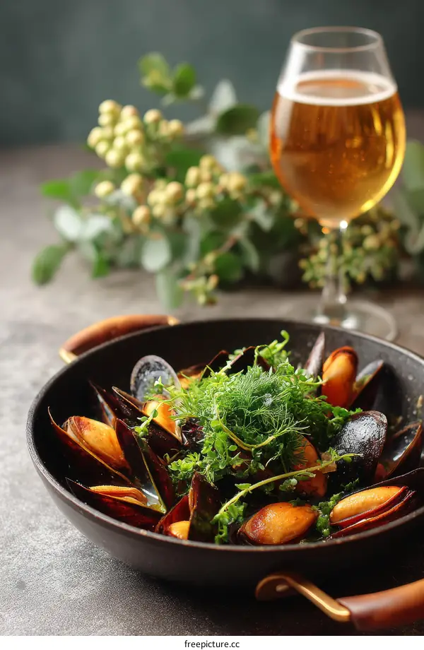 Delicious Steamed Mussels with Herbs in a Pan