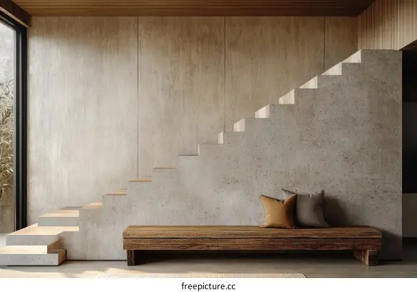 Modern Concrete Staircase with Wooden Bench